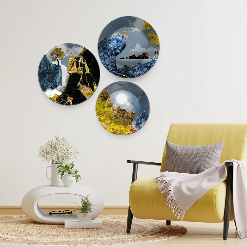 Golden Abstract Mountain Scenery Painting Wall Plates Set of 3 - Image 3