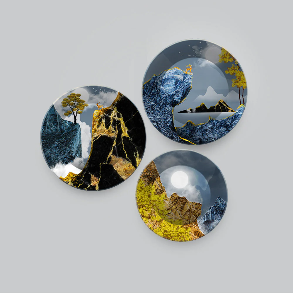Golden Abstract Mountain Scenery Painting Wall Plates Set of 3 - Image 4