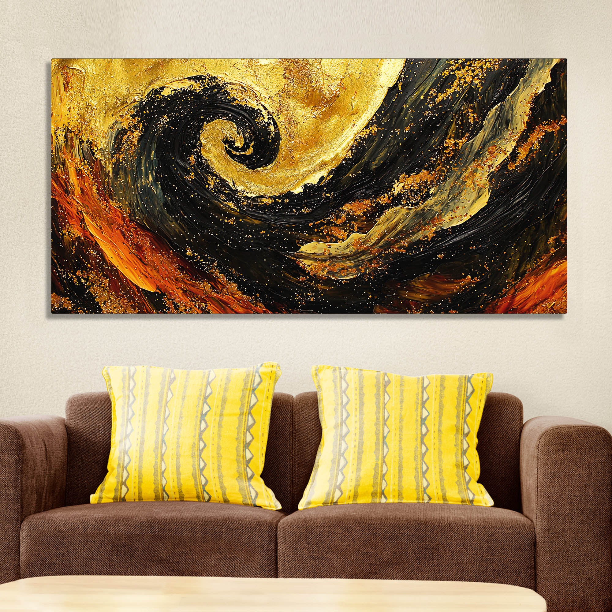 Golden Abstract Spiral Art Wooden Canvas Wall Painting - Image 2