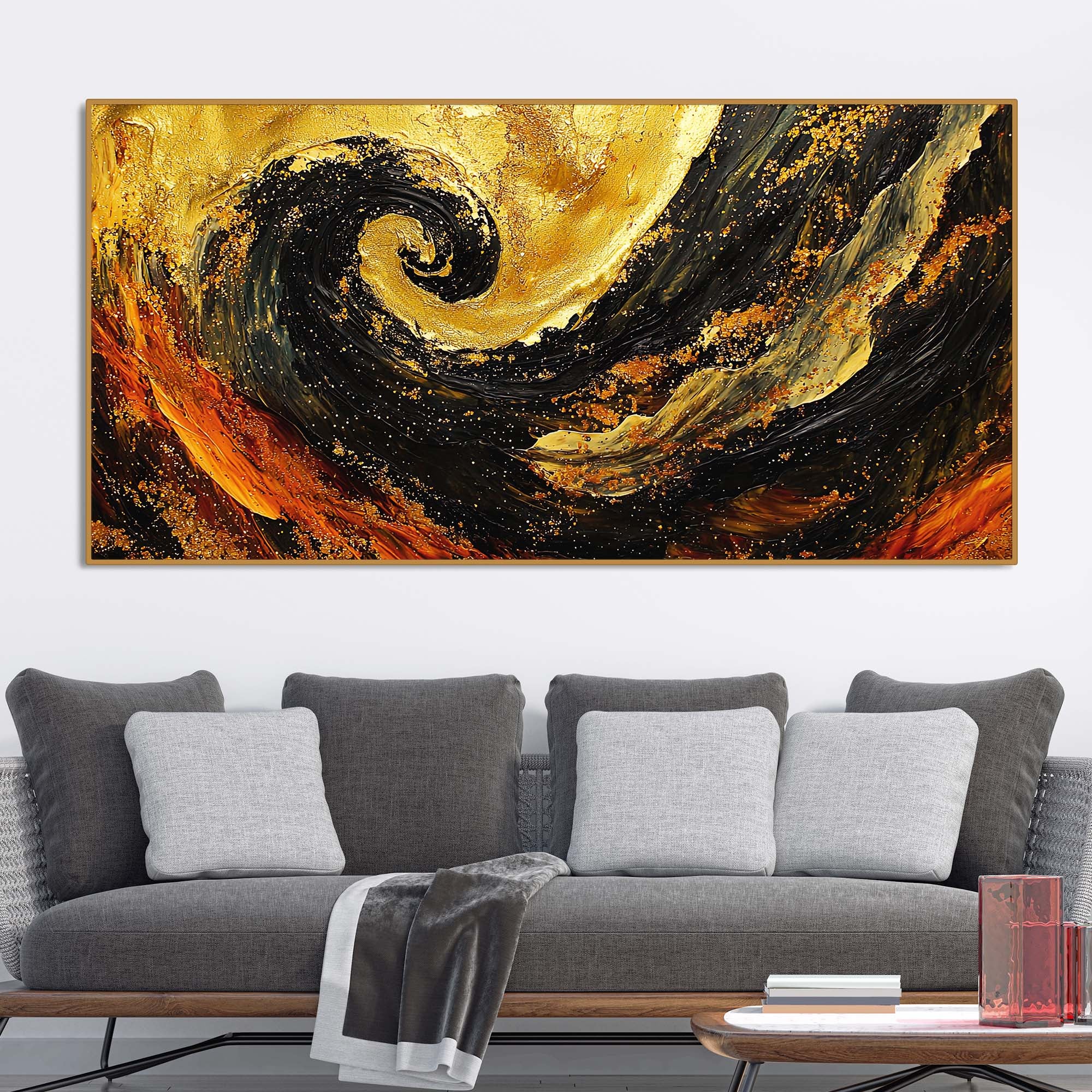 Golden Abstract Spiral Art Wooden Canvas Wall Painting - Image 3