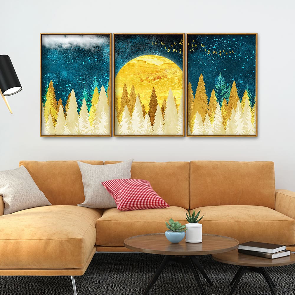 Golden Abstract Tree Premium Canvas Floating Canvas Wall Painting Set of Three - Image 2