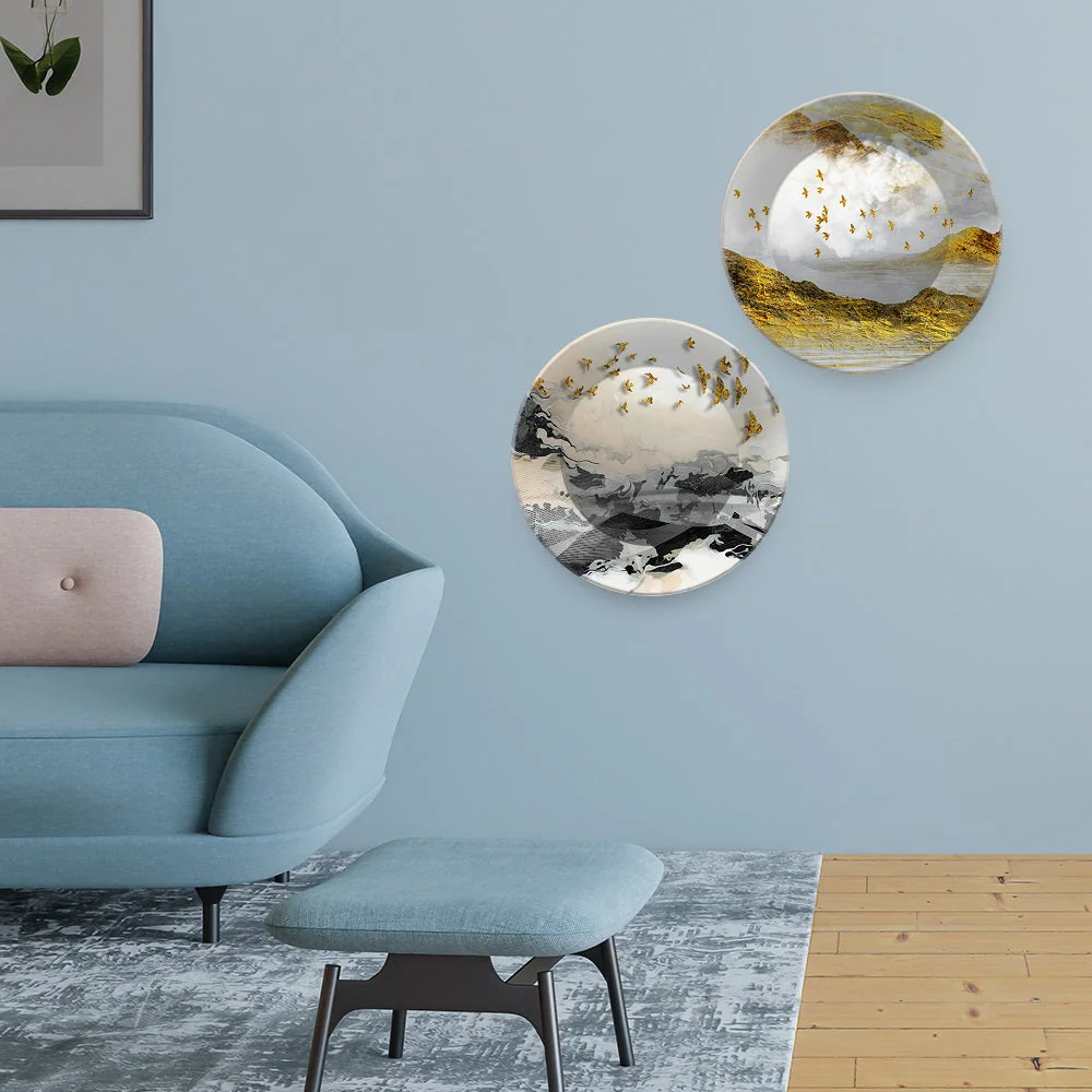 Golden Birds Flying Luxurious Art Wall Hanging Plates of Two Pieces - Image 2
