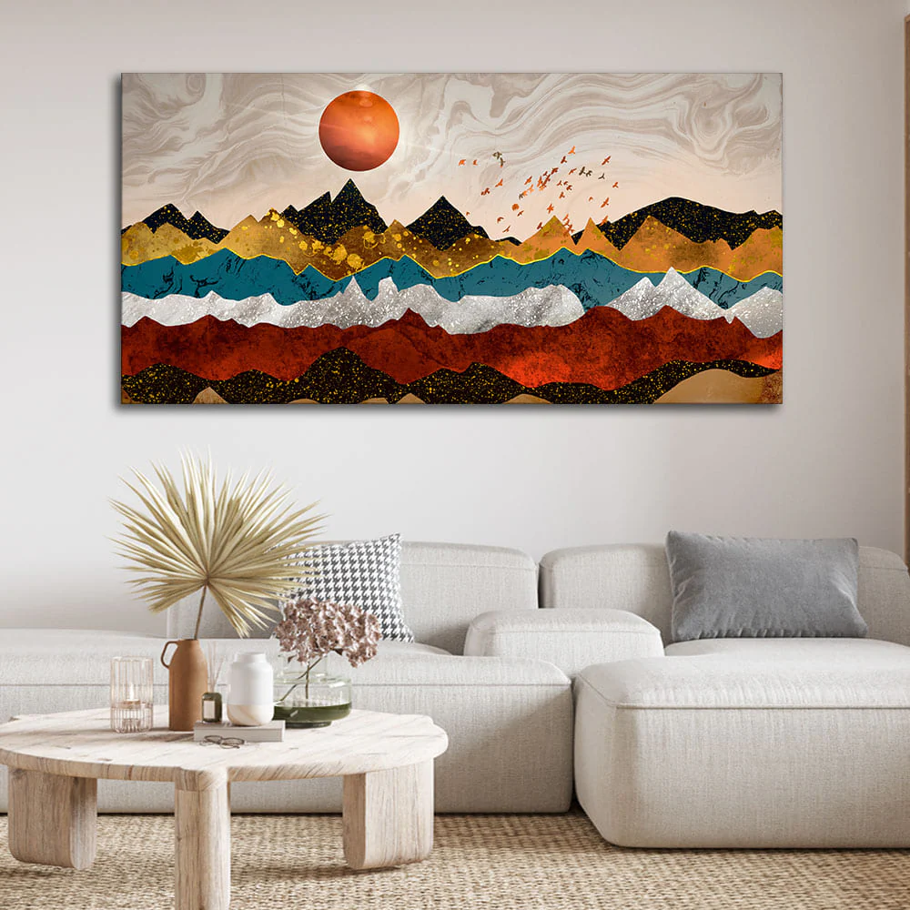Golden Birds Flying Over Colorful Mountains Canvas Wall Painting - Image 2