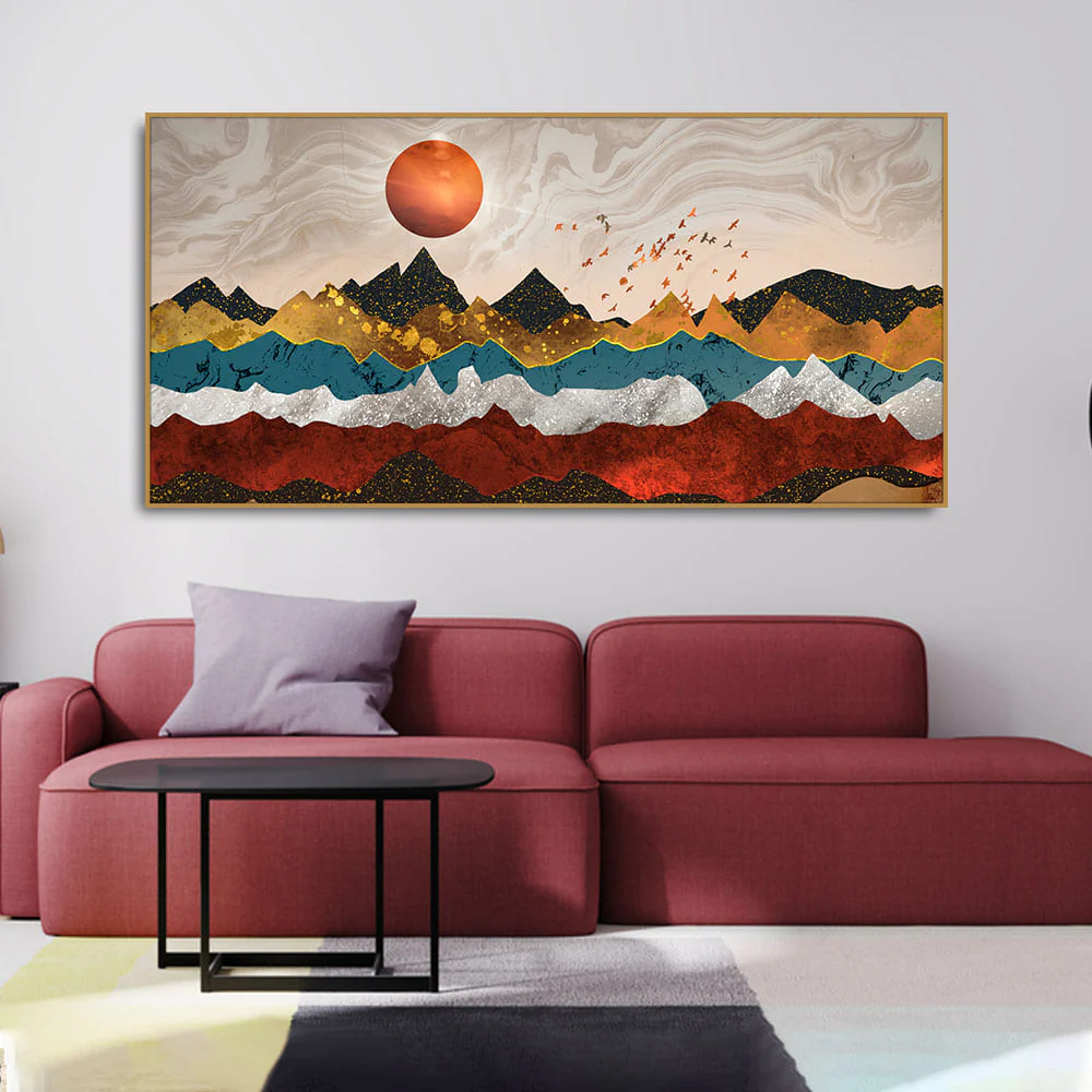 Golden Birds Flying Over Colorful Mountains Canvas Wall Painting - Image 3