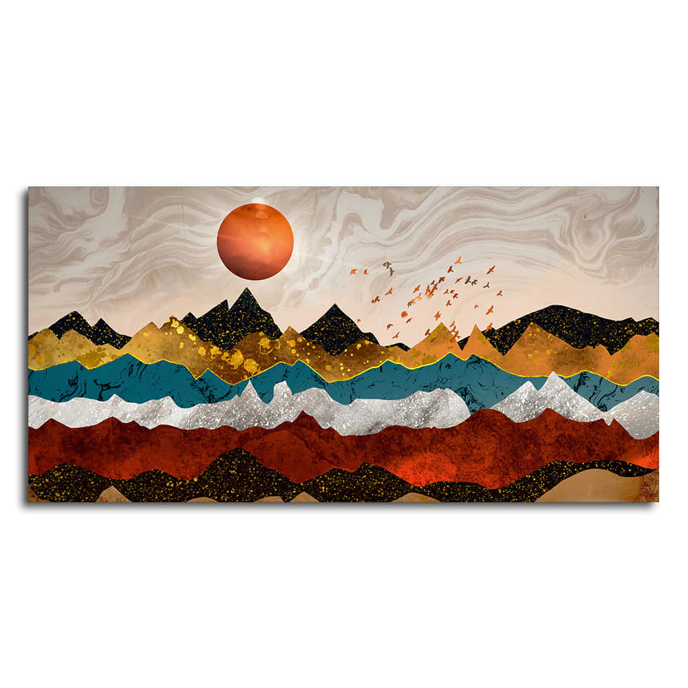 Golden Birds Flying Over Colorful Mountains Canvas Wall Painting - Image 4