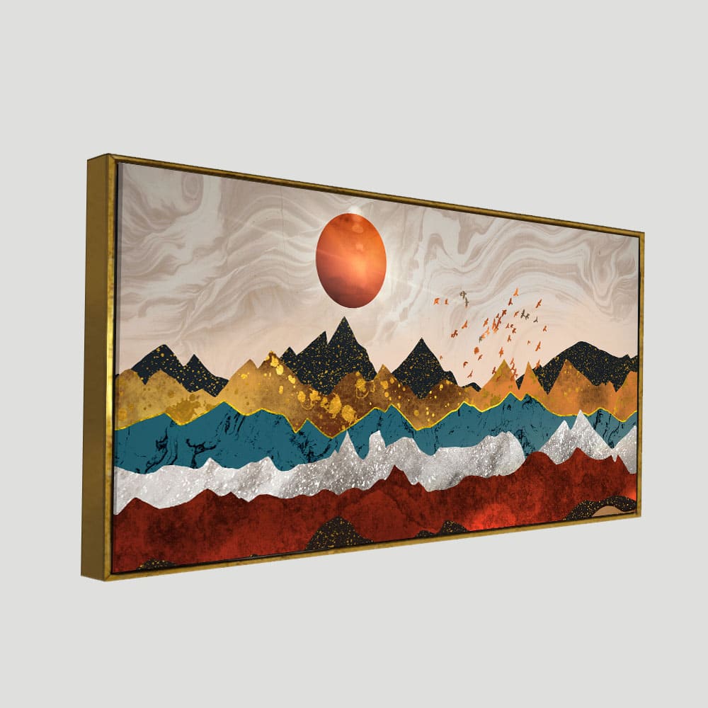 Golden Birds Flying Over Colorful Mountains Canvas Wall Painting - Image 5