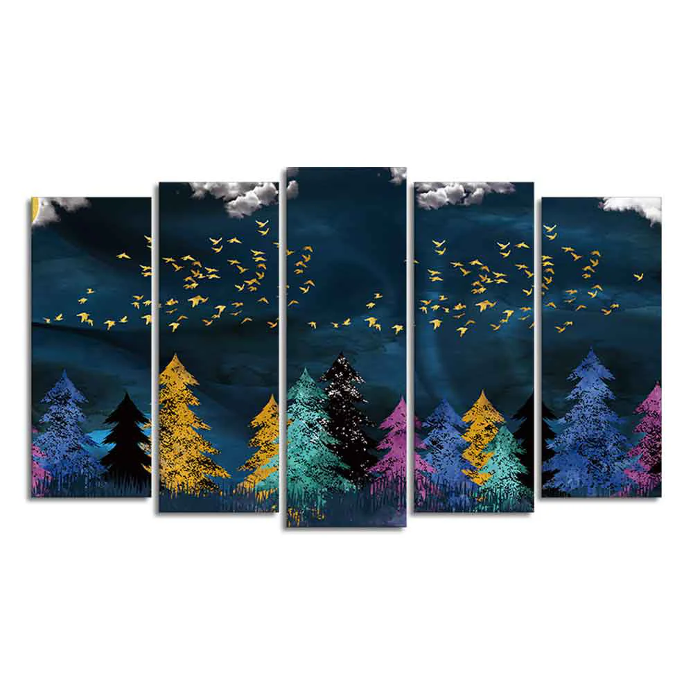 Golden Birds Flying over The Dark Forest Wall Painting of Five Pieces - Image 4