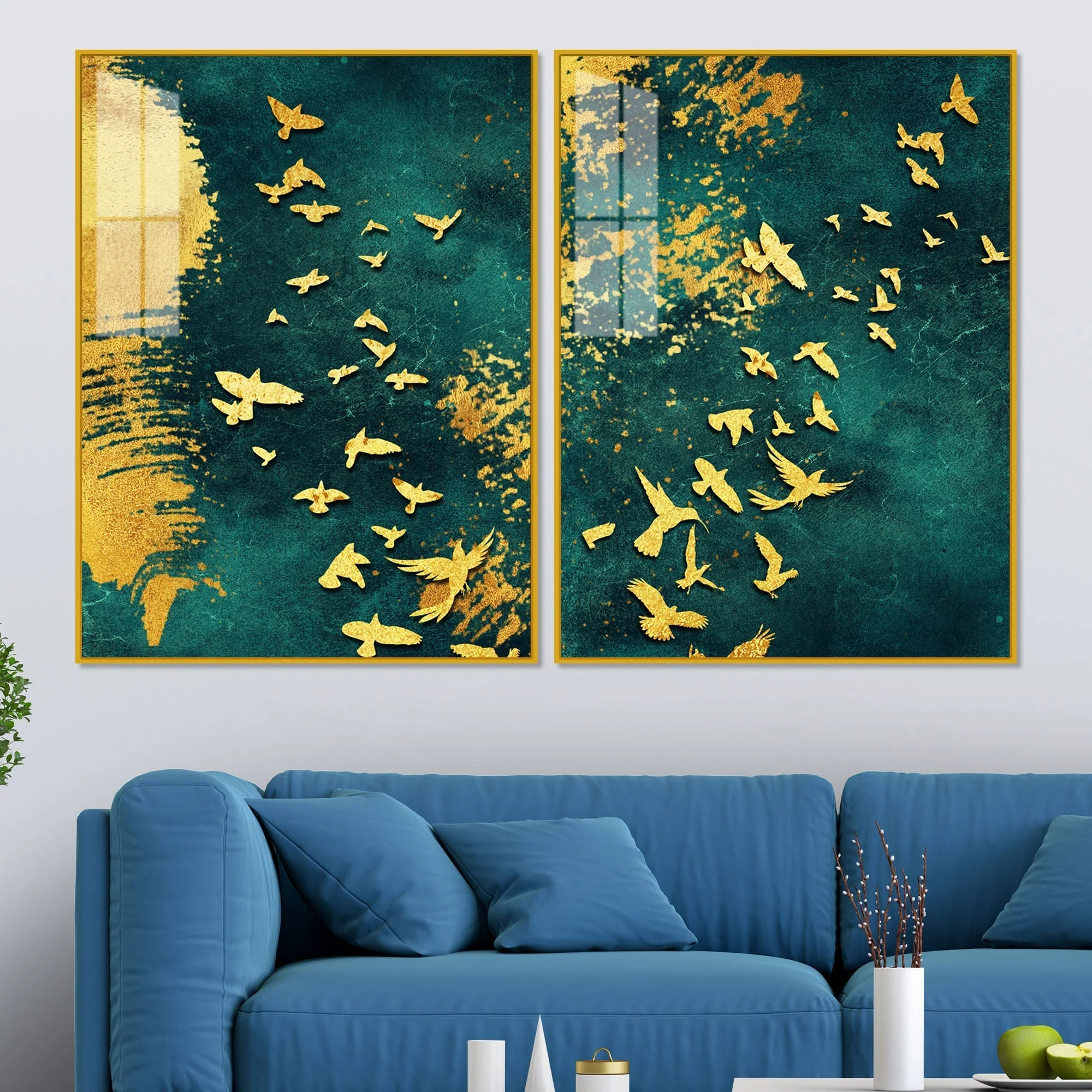 Golden Birds Group Flying Floating Acrylic Wall Painting Set of 2 - Image 2
