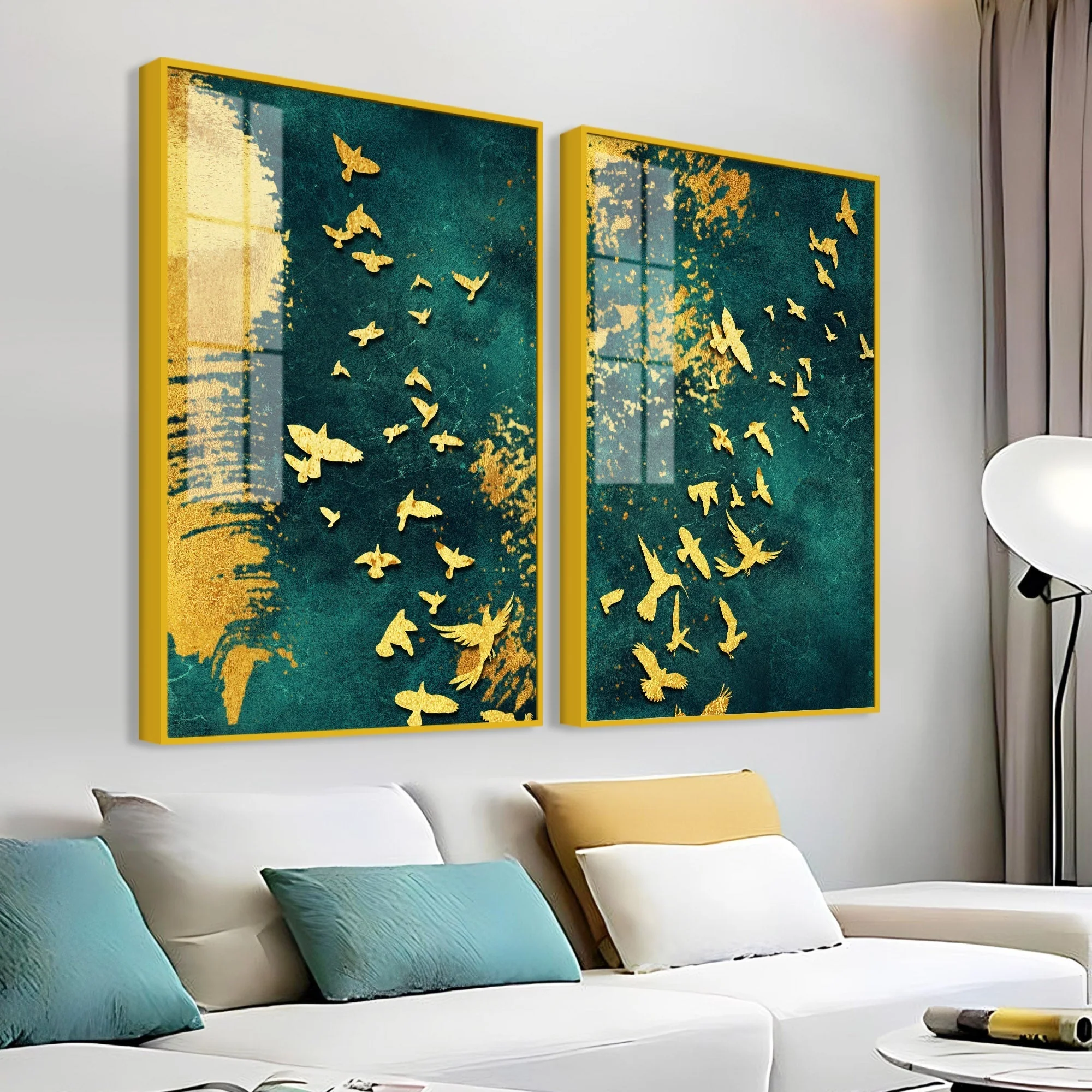 Golden Birds Group Flying Floating Acrylic Wall Painting Set of 2 - Image 3