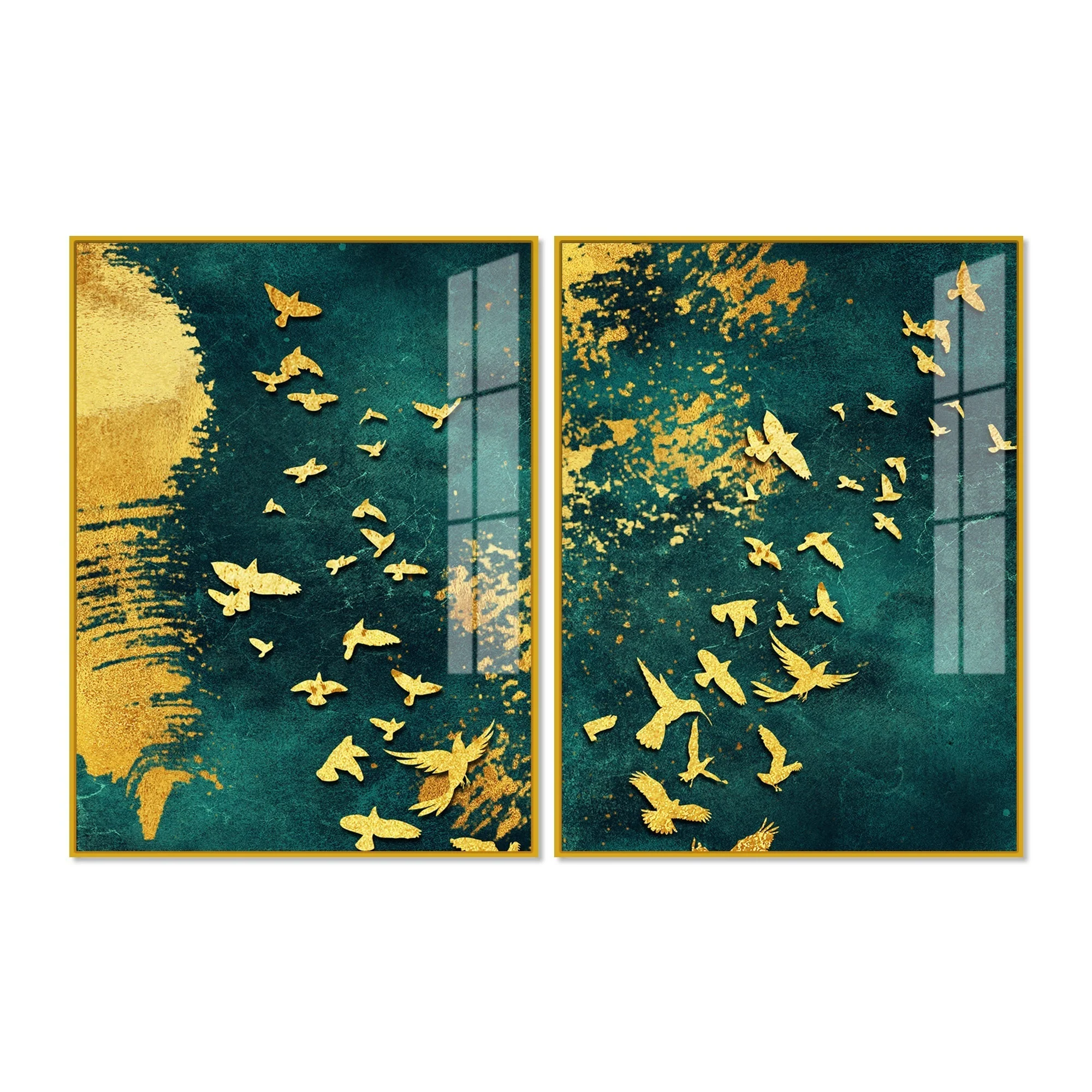 Golden Birds Group Flying Floating Acrylic Wall Painting Set of 2 - Image 4