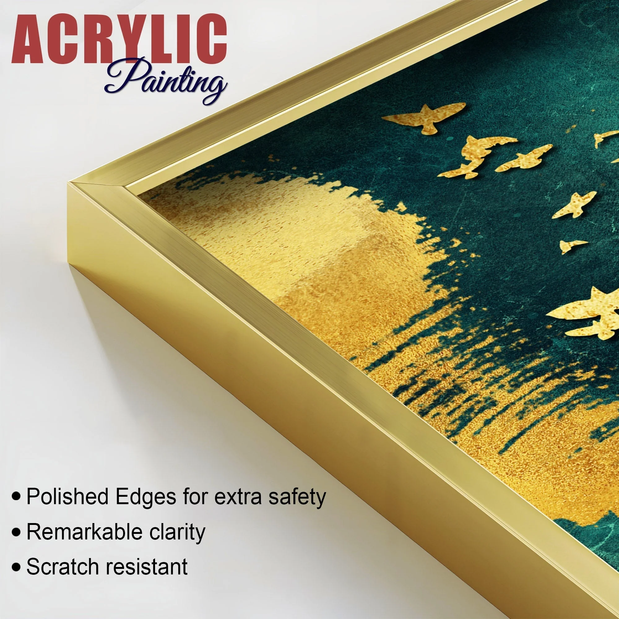 Golden Birds Group Flying Floating Acrylic Wall Painting Set of 2 - Image 5