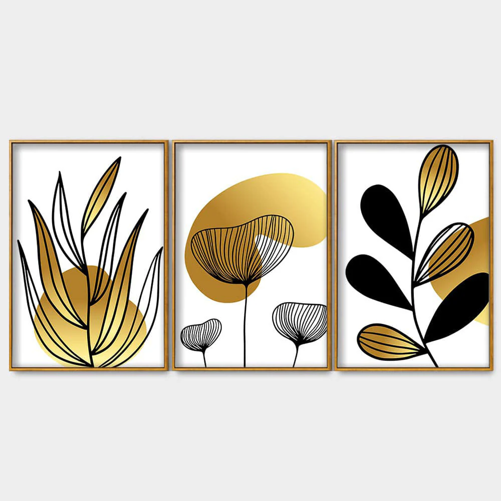 Golden Botanical Line Art Floating Canvas Wall Painting Set of Three - Image 2