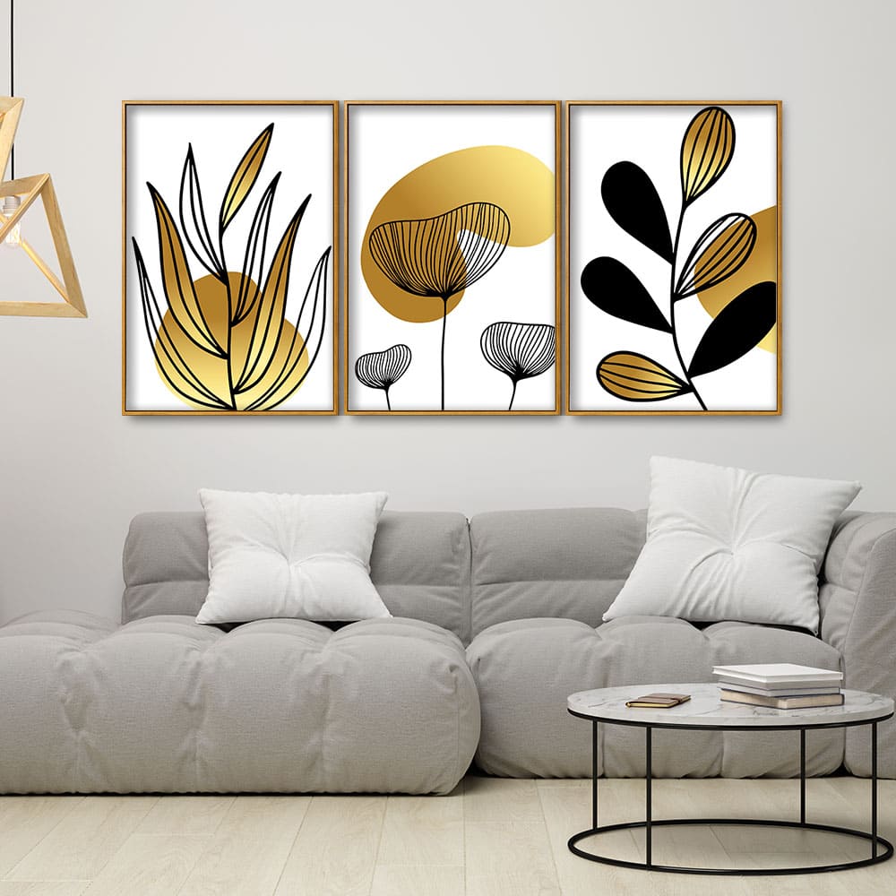 Golden Botanical Line Art Floating Canvas Wall Painting Set of Three - Image 3
