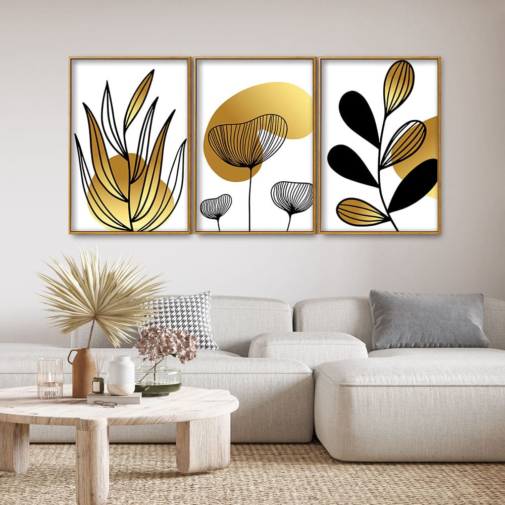 Golden Botanical Line Art Floating Canvas Wall Painting Set of Three - Image 4