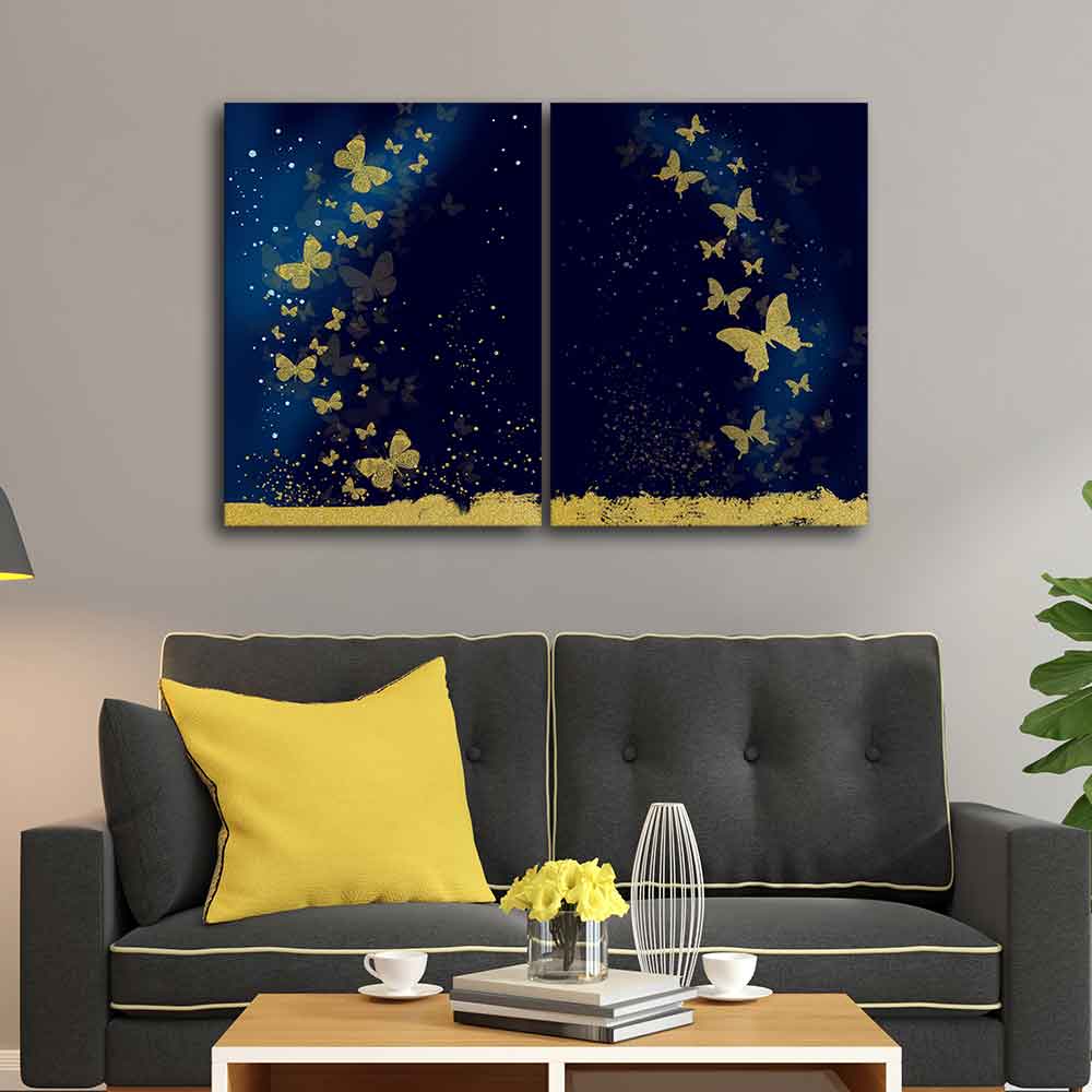 Golden Butterflies Canvas Wall Painting of Two Pieces - Image 2