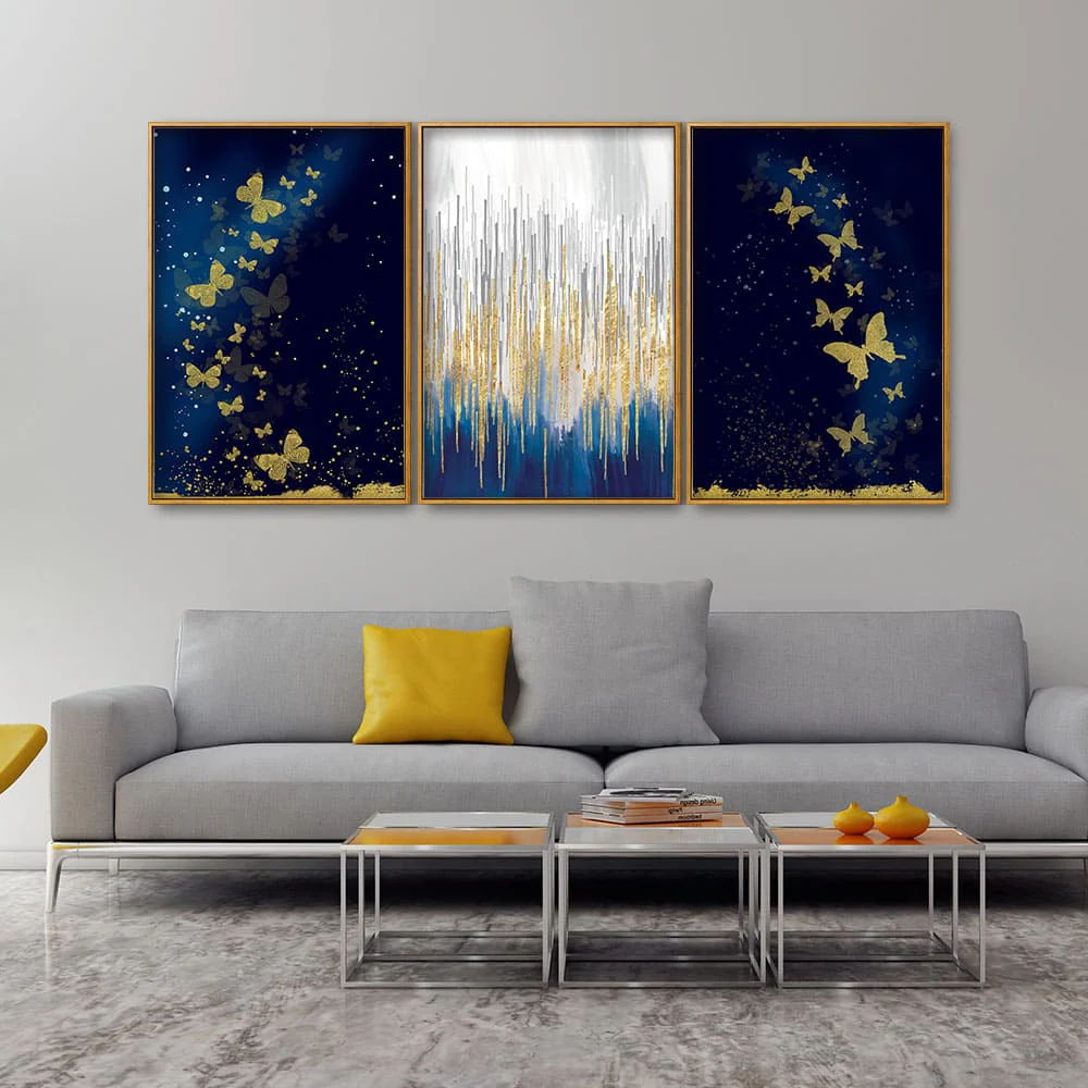 Golden Butterflies Floating Canvas Wall Painting Set of Three - Image 2