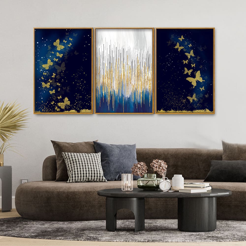 Golden Butterflies Floating Canvas Wall Painting Set of Three - Image 3