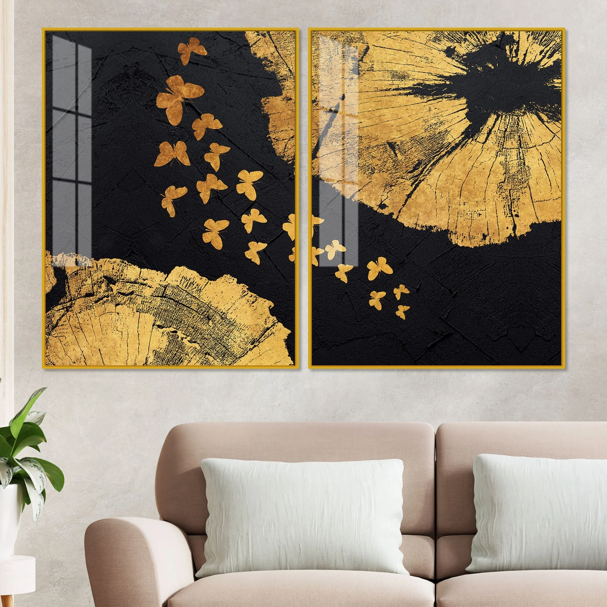Golden Butterflies Flying Acrylic Floating Wall Painting Set of 2 - Image 2