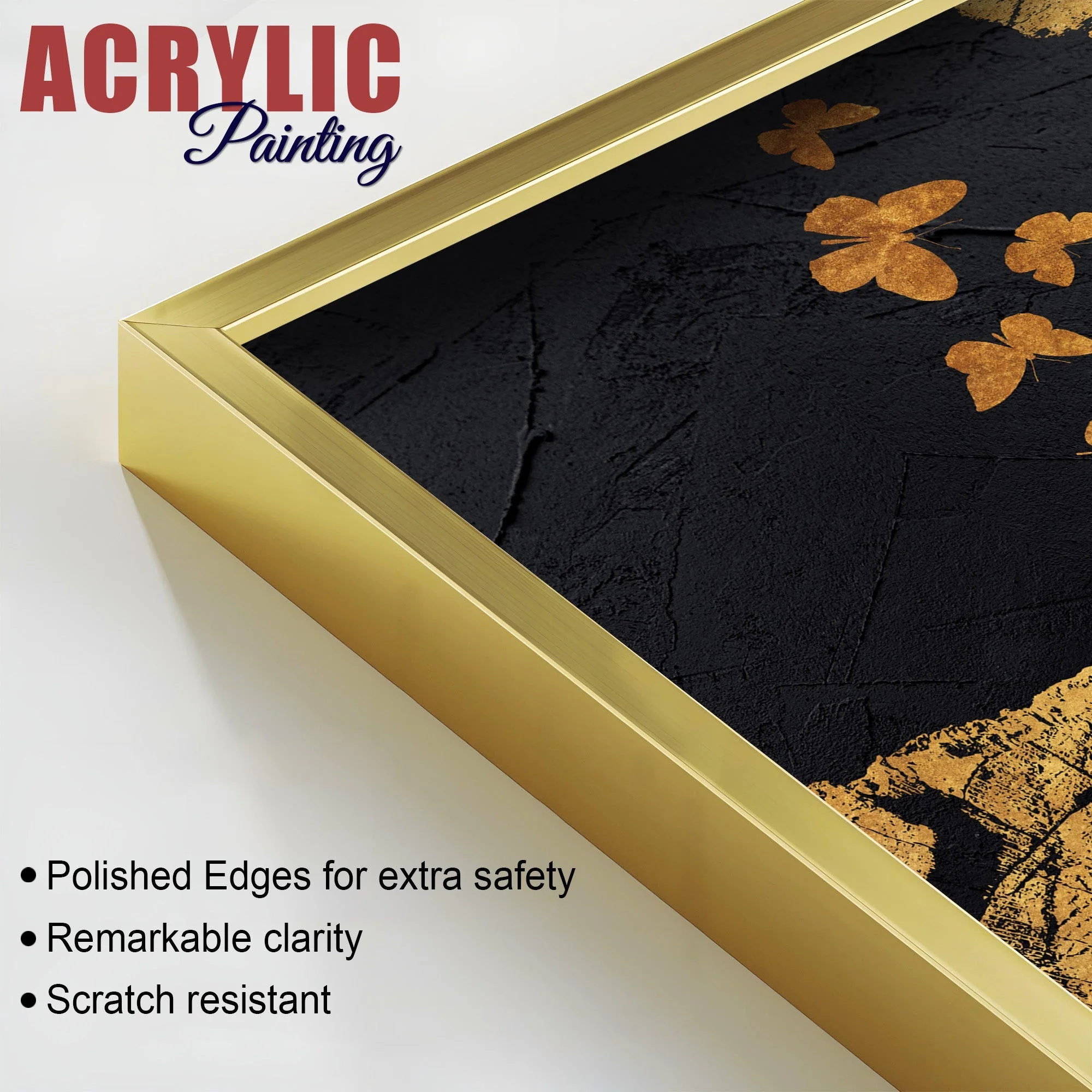 Golden Butterflies Flying Acrylic Floating Wall Painting Set of 2 - Image 4