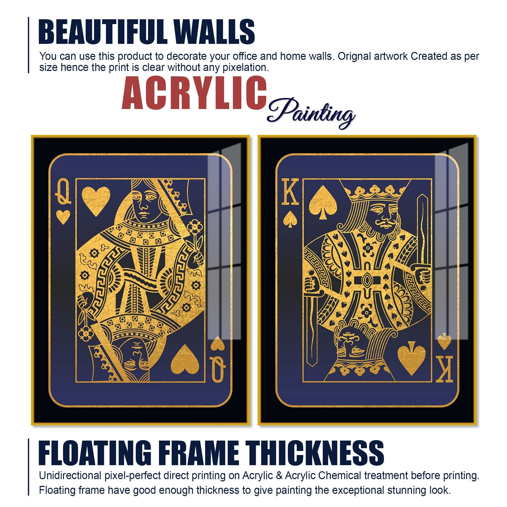 Golden Card of King and Queen Acrylic Floating Wall Painting Set of 2 - Image 6