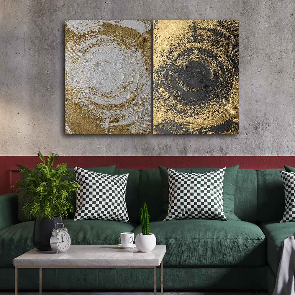 Golden Circular Texture Canvas Wall Painting of Two Pieces - Image 2