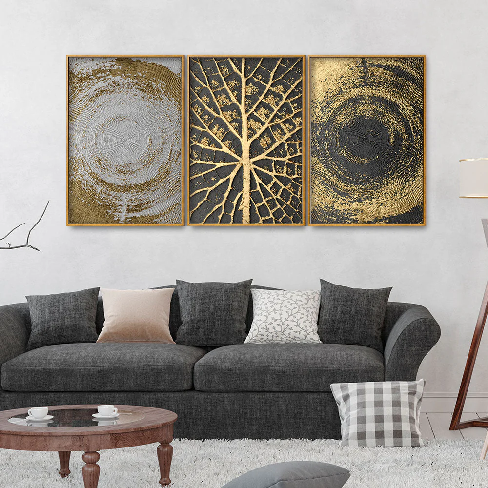 Golden Circular Texture Floating Canvas Wall Painting Set of Three - Image 3