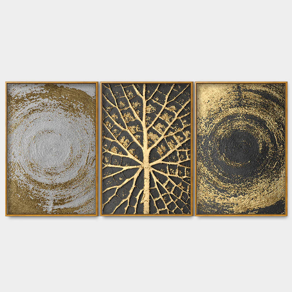 Golden Circular Texture Floating Canvas Wall Painting Set of Three - Image 4