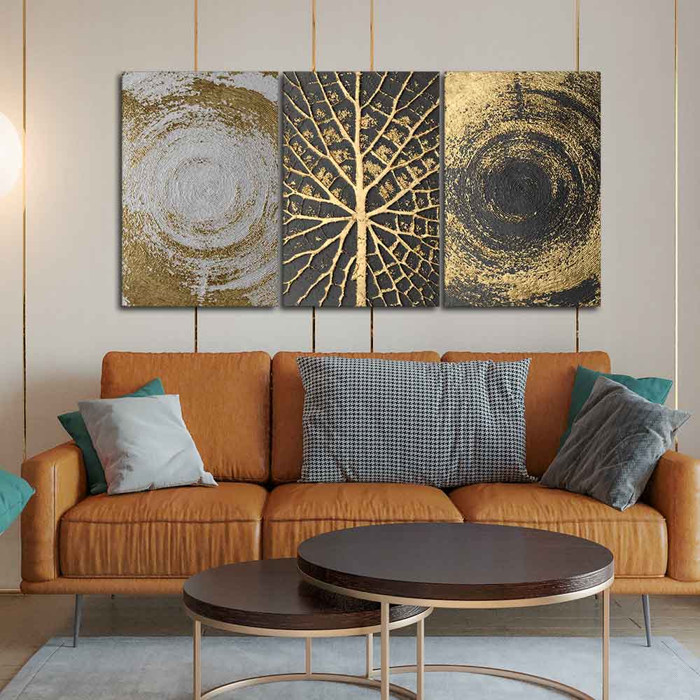 Golden Circular Texture Wall Painting of 3 Pieces - Image 2