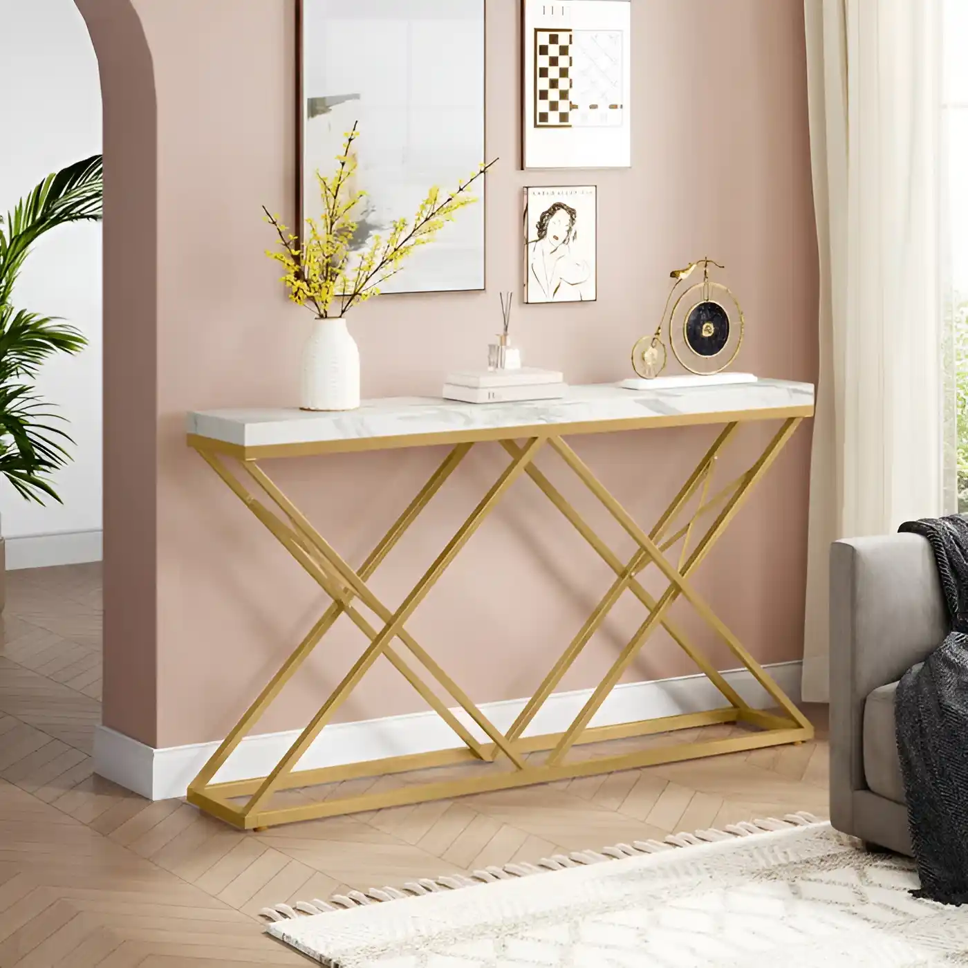 Golden Criss Cross Pattern Rectangular Shaped Designer Console Table - Image 2