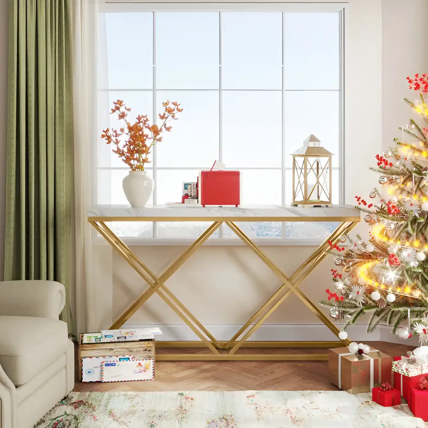 Golden Criss Cross Pattern Rectangular Shaped Designer Console Table - Image 3