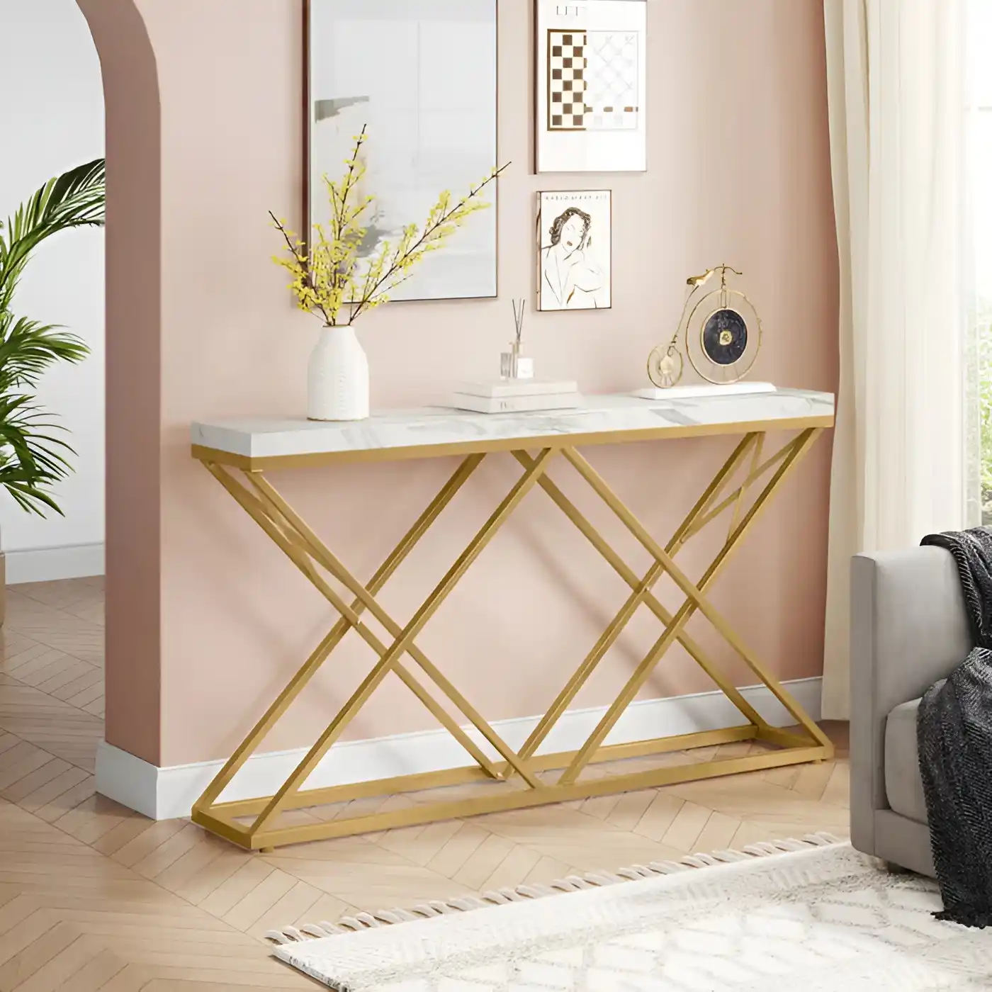 Golden Criss Cross Pattern Rectangular Shaped Designer Console Table - Image 4