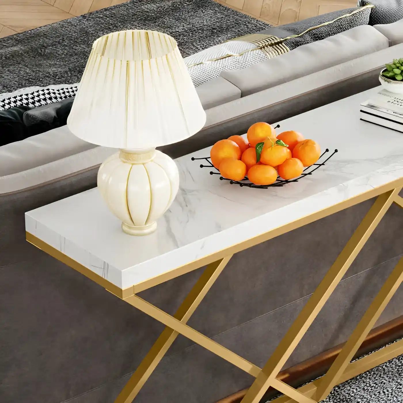 Golden Criss Cross Pattern Rectangular Shaped Designer Console Table - Image 5