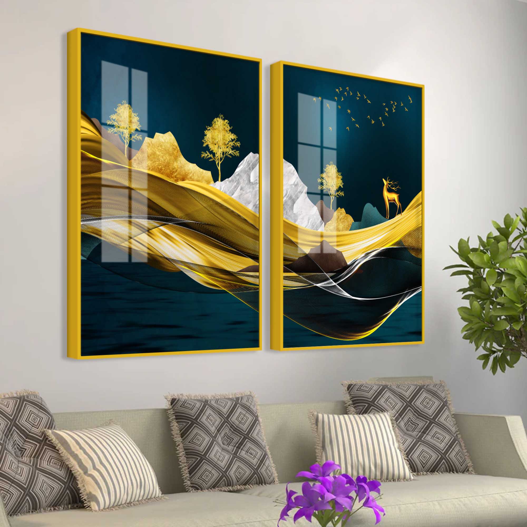Golden Deer Mountain Landscape Acrylic Floating Wall Painting Set of 2 - Image 3