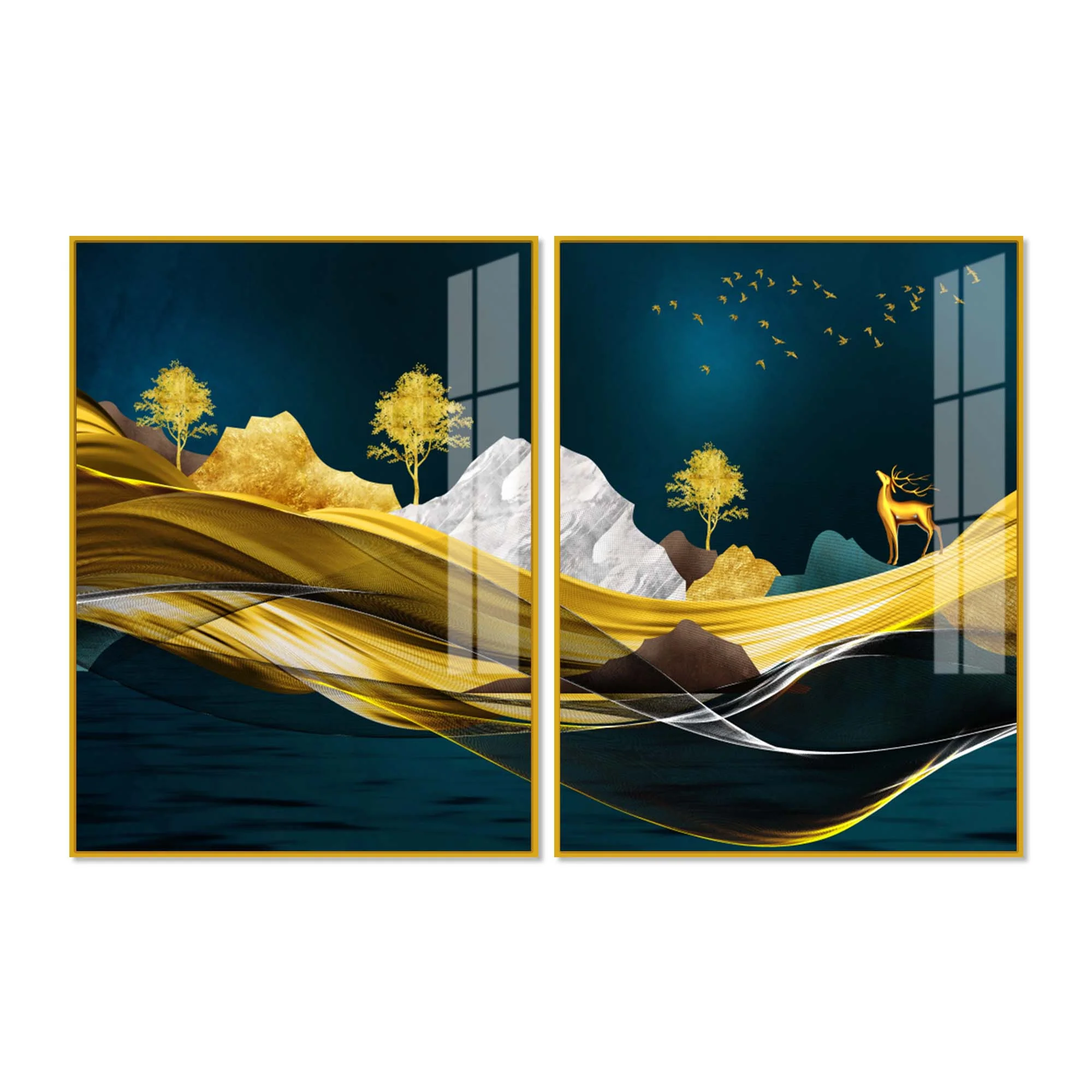 Golden Deer Mountain Landscape Acrylic Floating Wall Painting Set of 2 - Image 4