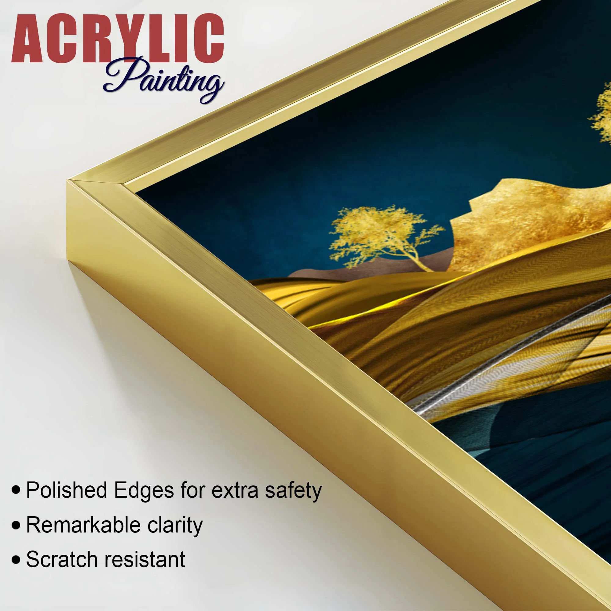 Golden Deer Mountain Landscape Acrylic Floating Wall Painting Set of 2 - Image 5