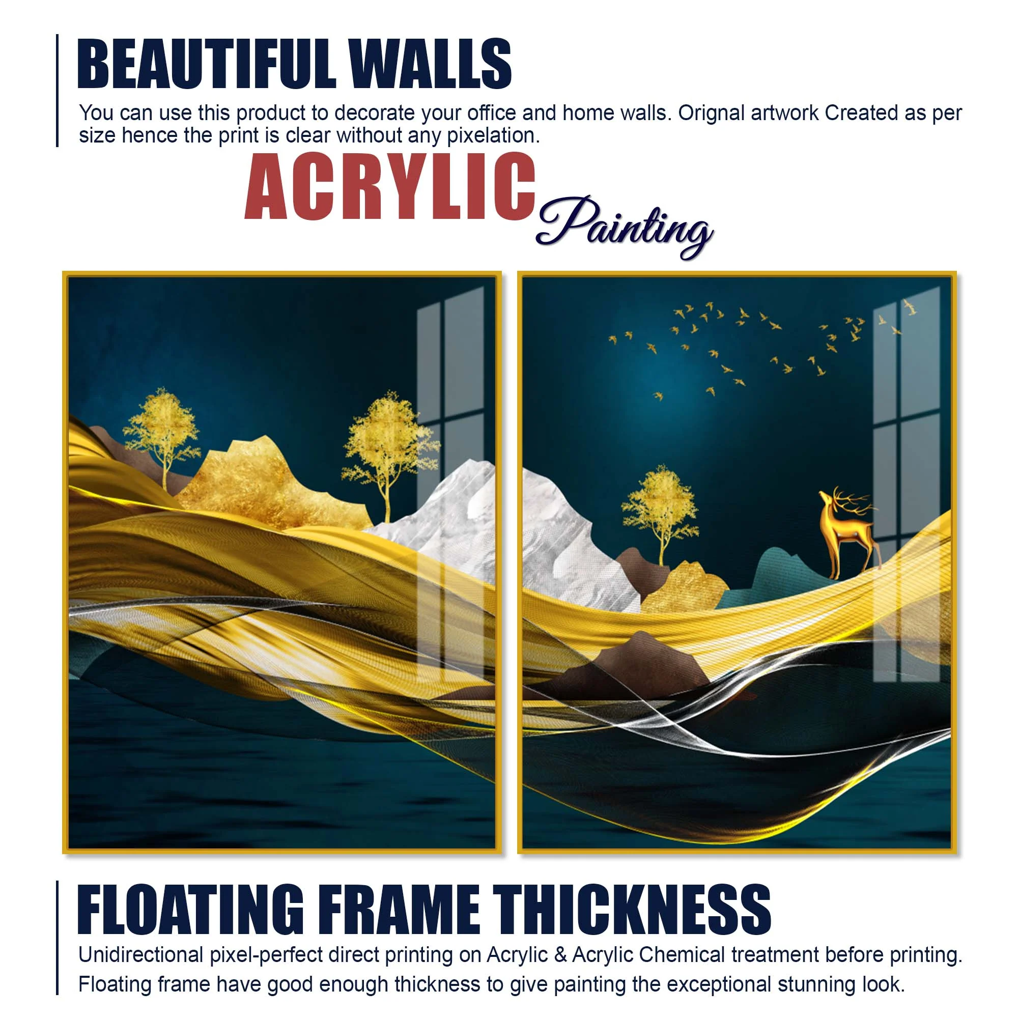 Golden Deer Mountain Landscape Acrylic Floating Wall Painting Set of 2 - Image 6