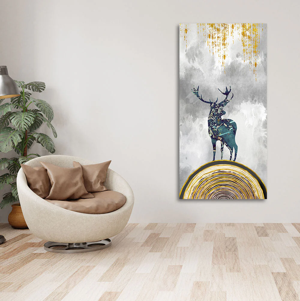 Golden Deer Silhouette Premium Canvas Wall Painting - Image 2