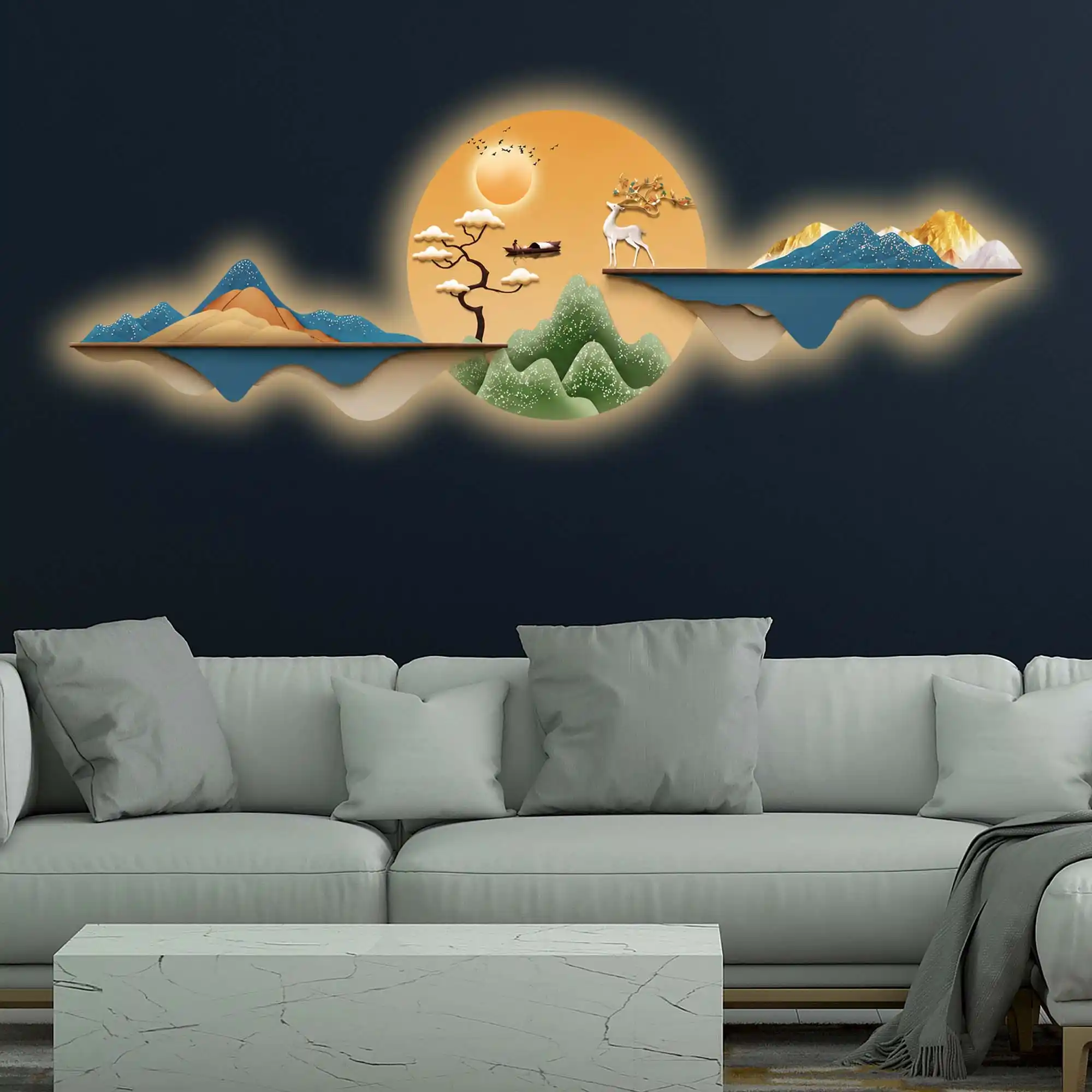 Golden Deer Sunrise Landscape Premium Crystal Glass Backlit LED Wall Art - Image 3