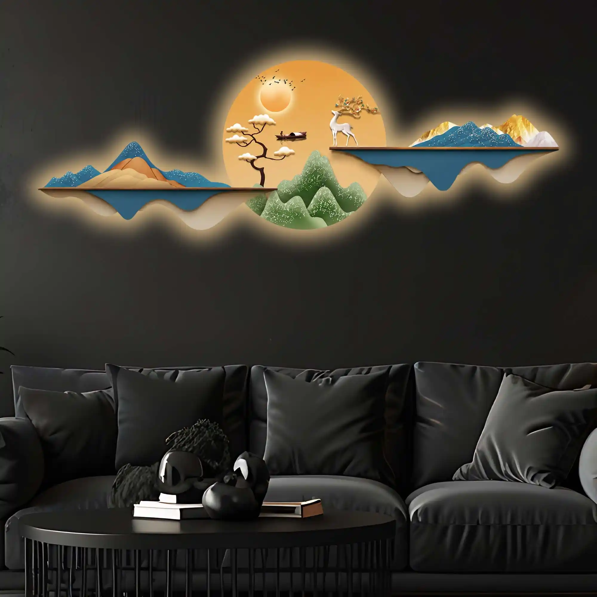 Golden Deer Sunrise Landscape Premium Crystal Glass Backlit LED Wall Art - Image 4