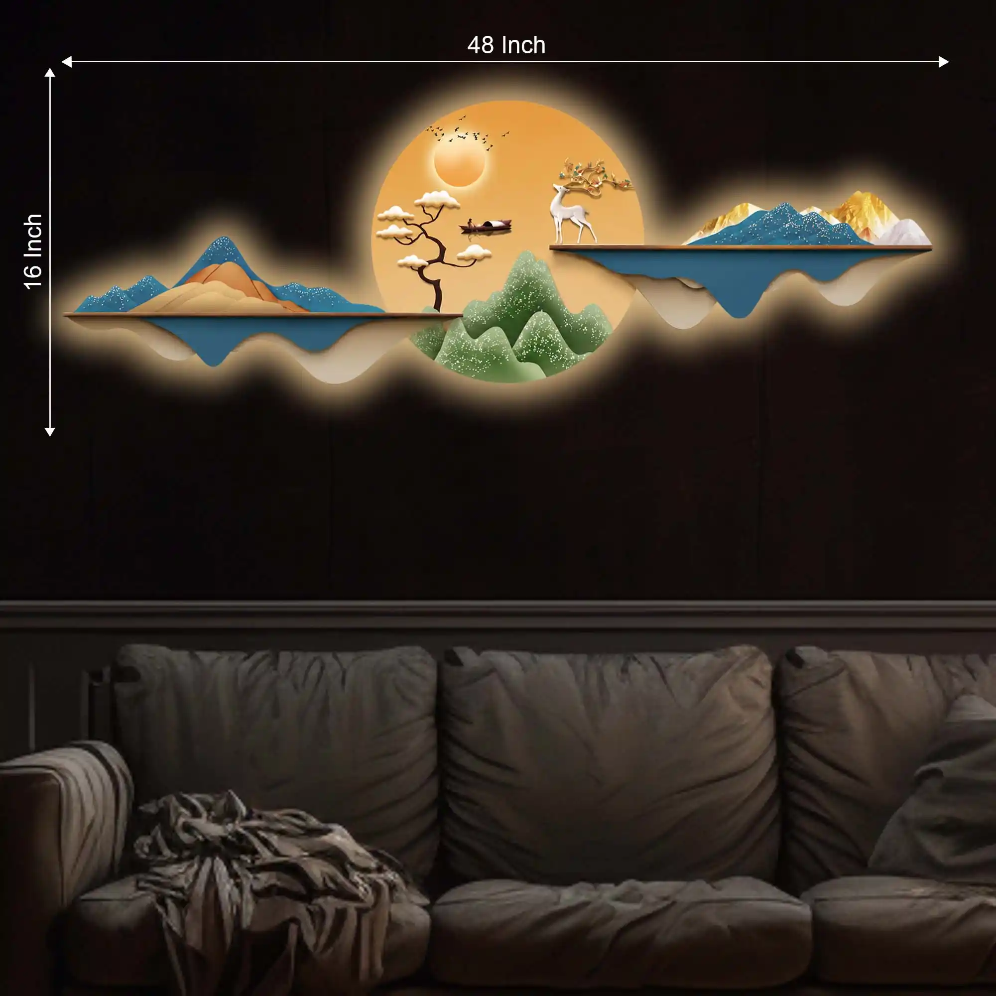 Golden Deer Sunrise Landscape Premium Crystal Glass Backlit LED Wall Art - Image 5