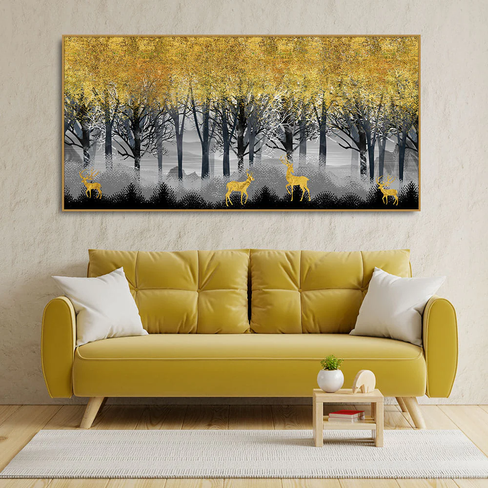 Golden Deers in Dark Forest Premium Canvas Wall Painting - Image 3