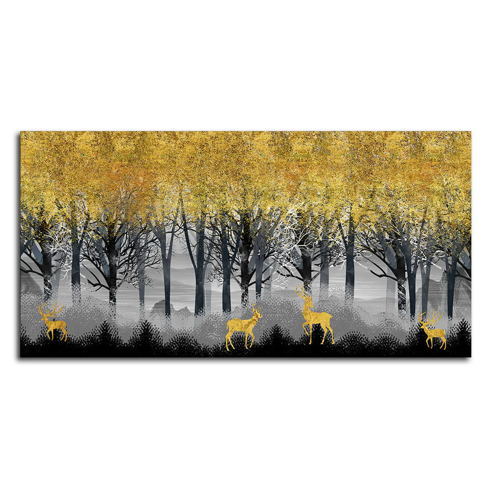 Golden Deers in Dark Forest Premium Canvas Wall Painting - Image 4
