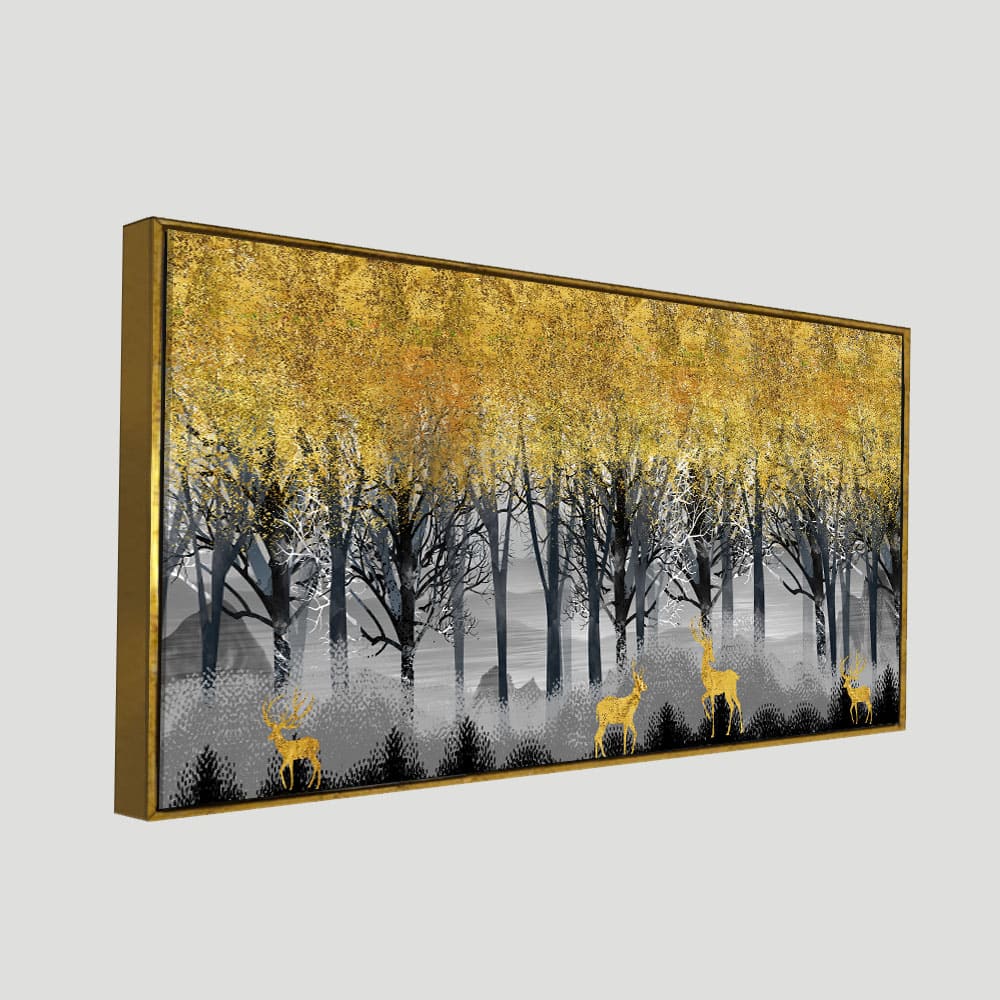 Golden Deers in Dark Forest Premium Canvas Wall Painting - Image 5