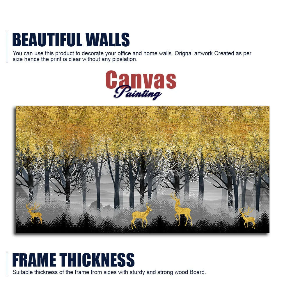 Golden Deers in Dark Forest Premium Canvas Wall Painting - Image 6