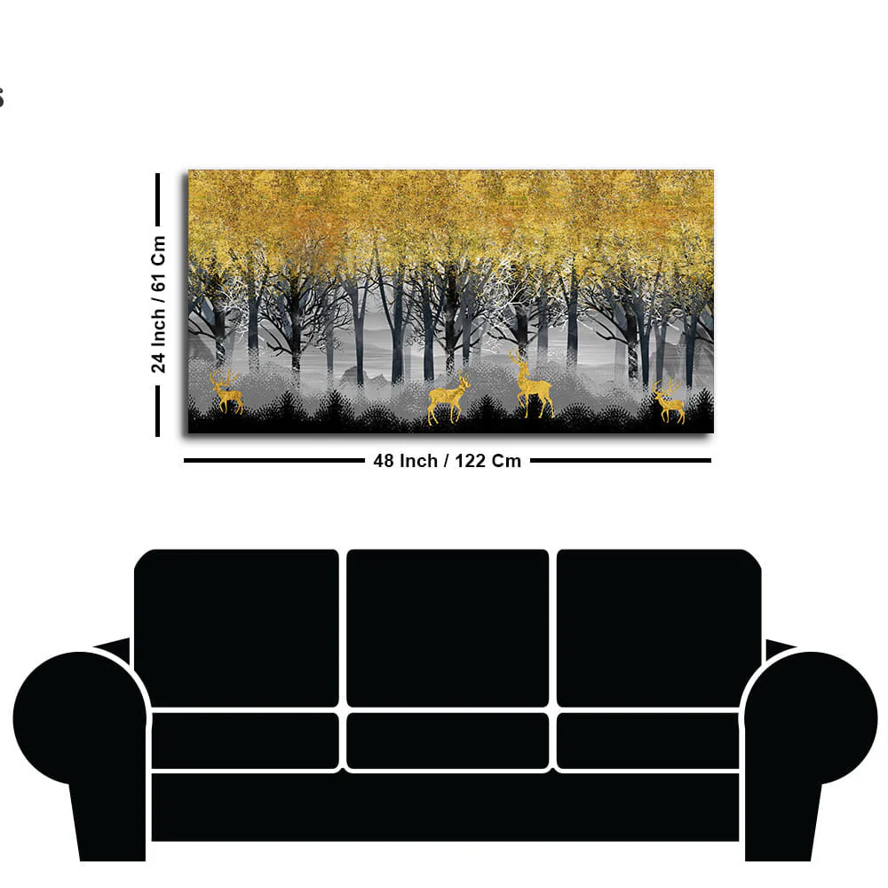 Golden Deers in Dark Forest Premium Canvas Wall Painting - Image 7