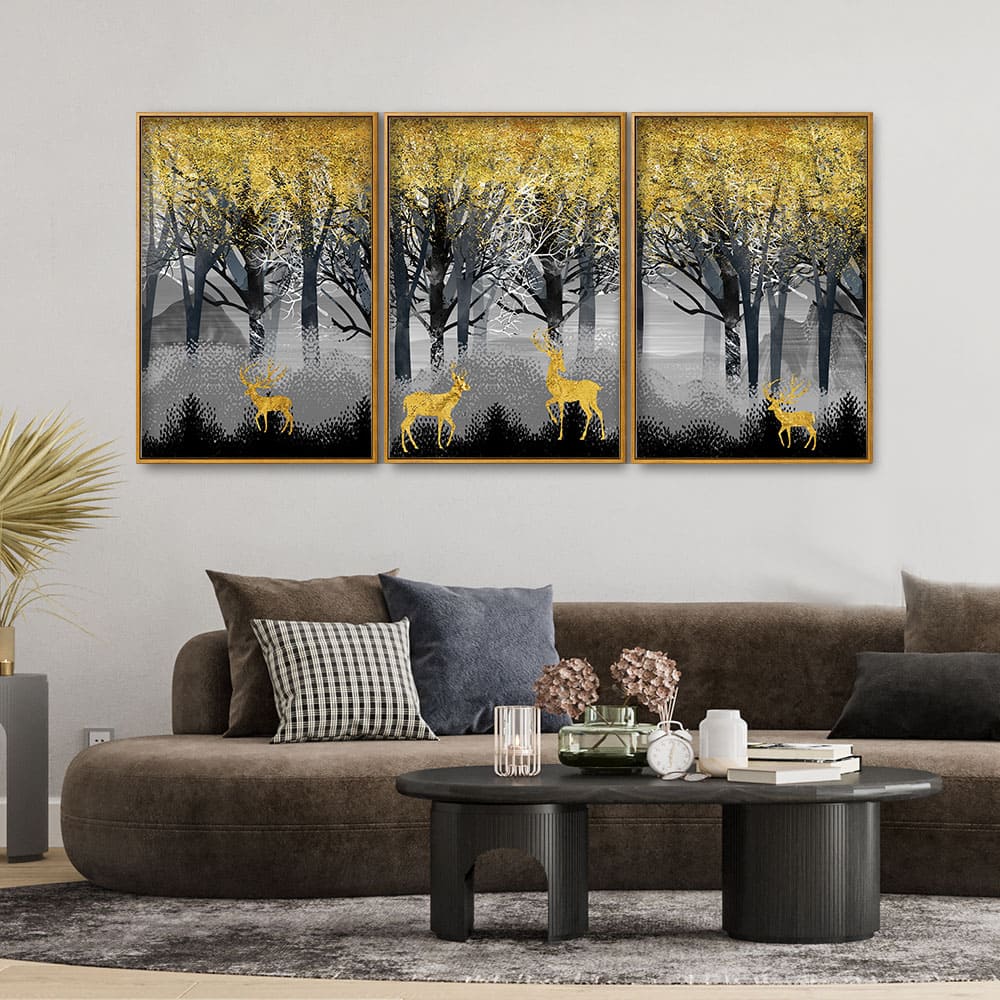 Golden Deers in Dark Forest Premium Floating Canvas Wall Painting Set of Three - Image 2