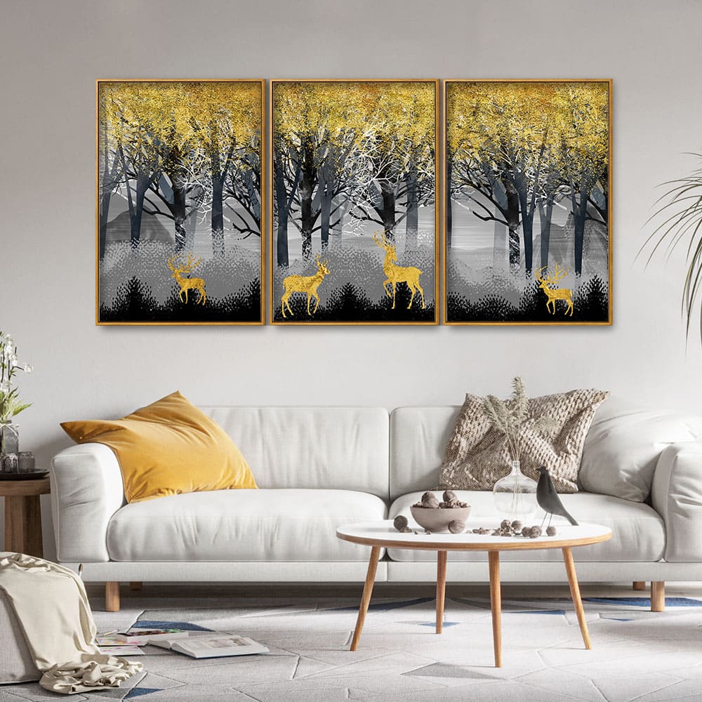 Golden Deers in Dark Forest Premium Floating Canvas Wall Painting Set of Three - Image 3