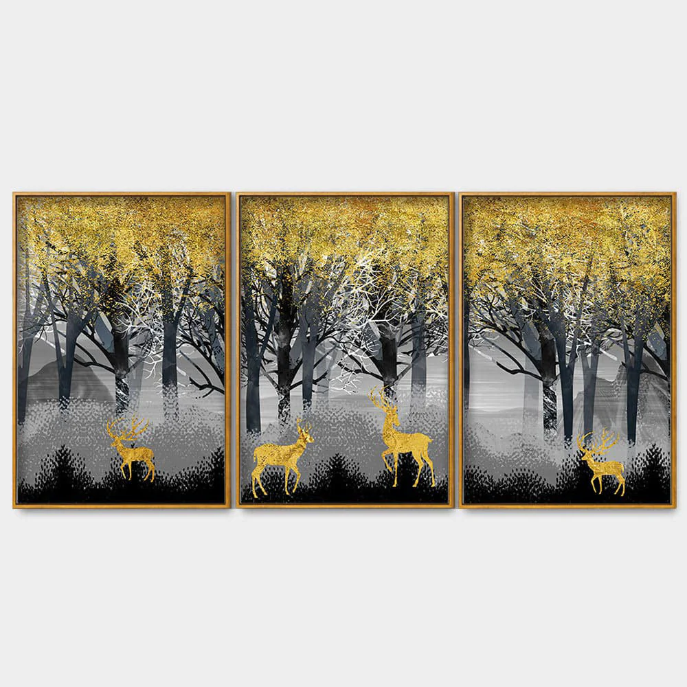 Golden Deers in Dark Forest Premium Floating Canvas Wall Painting Set of Three - Image 4