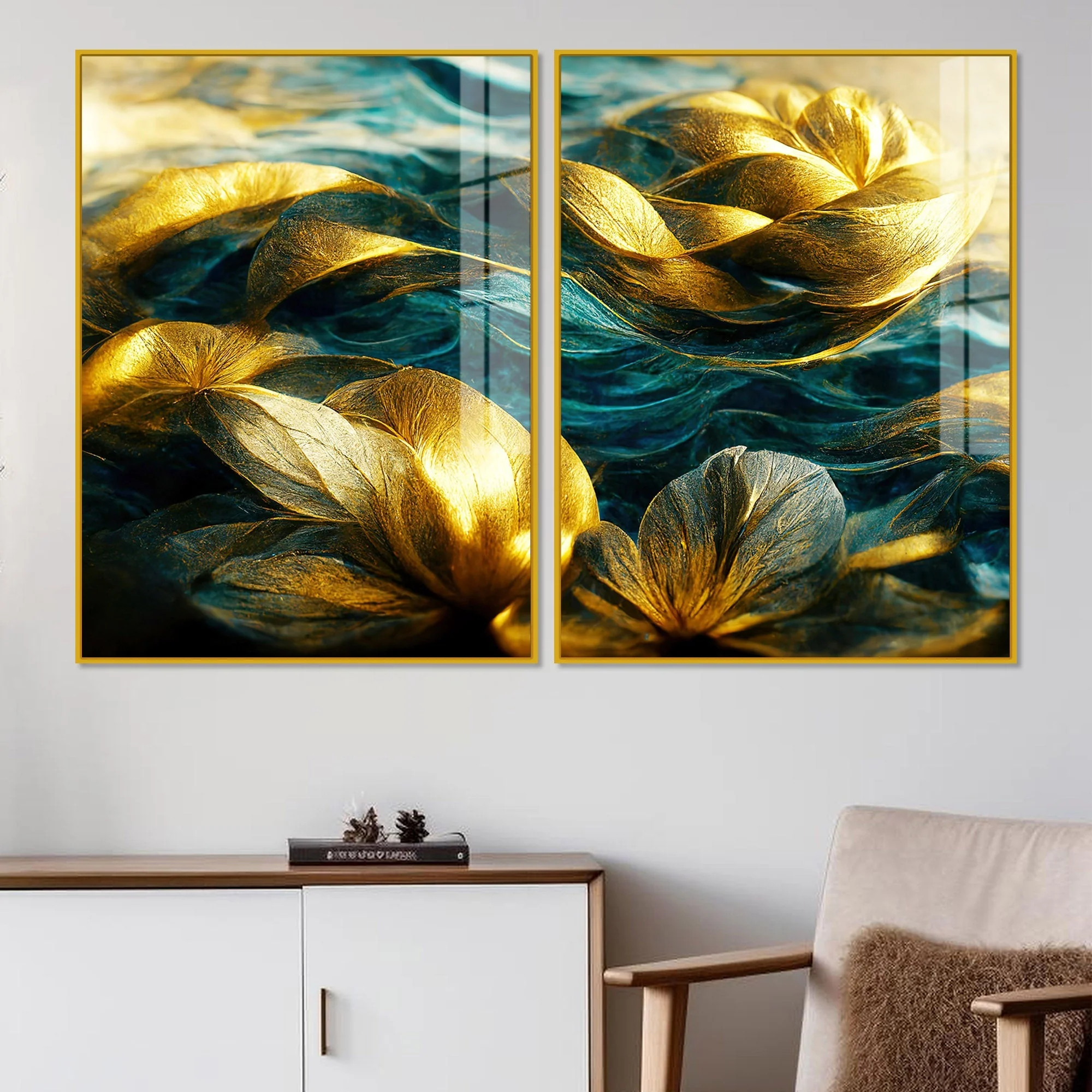 Golden Dreamy Flower Acrylic Floating Wall Painting Set of 2 - Image 2