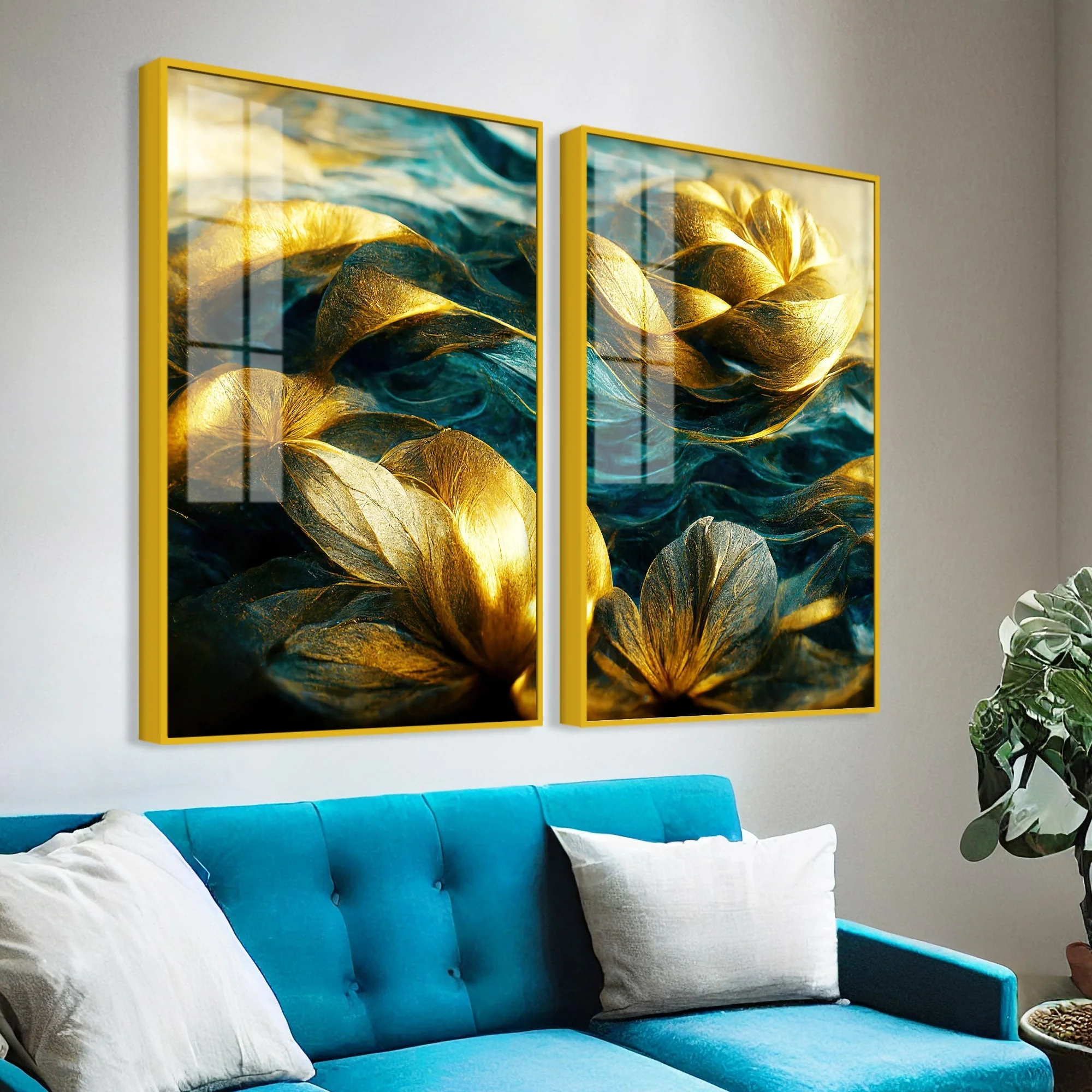 Golden Dreamy Flower Acrylic Floating Wall Painting Set of 2 - Image 3